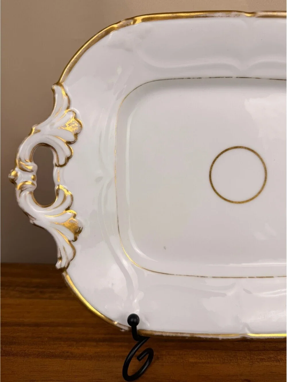 Vintage White Porcelain Serving Tray with Gold Trim and Ornate Handles